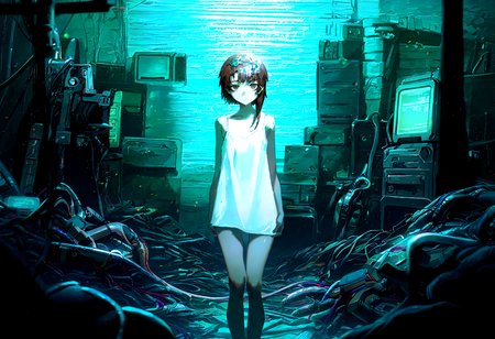 masterpiece, best quality, amazing quality, very aesthetic, absurdres,  newest,
1girl, iwakura lain,  solo, standing,  thigh_gap,  white camisole , dark_background, cable, looking_at_viewer ,pile , spaghetti_strap , utility_pole, wide_shot,
yoneyama mai,quasarcake:0.7, rolua, negative space, cinematic shot, very awa, science fiction,matrix, code, digital,computer, glitch,wire, cables in hair, , green background,
<lora:cfg_scale_boost:0.7>, <lora:illustrious_noobai_epsilon_pred_11_very_aesthetic_v1:0.6>, <lora:illustrious_noobai_epsilon_pred_1_masterpieces_v1:0.6>, <lora:illustrious_noobai_epsilon_pred_1_best_quality_v1:0.6>, <lora:Lain_PonyXLv3:0.7>, <lora:Code__Digital_World_Morph_v2_PONY_XL_by_UOC:0.7>