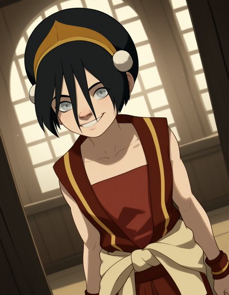 score_9, score_8_up, score_7_up, source_anime, <lora:toph-beifong-book2book3-ponyxl-lora-nochekaiser:1>, toph beifong, black hair, hairband, blind, grey eyes, hair between eyes, short hair,, shirt, sleeveless, red shirt, collarbone, bare shoulders, red pants, clothes around waist, gold hairband,, indoors, smile, looking at viewer, solo,, cowboy shot, dutch angle