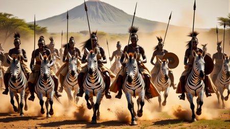 Real photograph of an army of African warrior women, black skin, Nubian, beautiful, breathtaking, athletic, (small breasts:1.4), earrings, necklace, wrist bands, human feet wearing sandals, dangerous, fierce, determined, battle hardened, mounted atop angry and ferocious zebras, cavalry charging into battle with lowered spears, shields and spears bearing war decorations, fierce angry painted faces full of rage, yelling fierce war cries, African Savannah with mount Kilimanjaro in the background, intricate details, masterpiece, elegant, complex patterns, (full body shot from head to toe:1.6), environmental wide angle, dramatic and dynamic morning lighting, intense atmosphere <BaroqueColorful:0.72>
