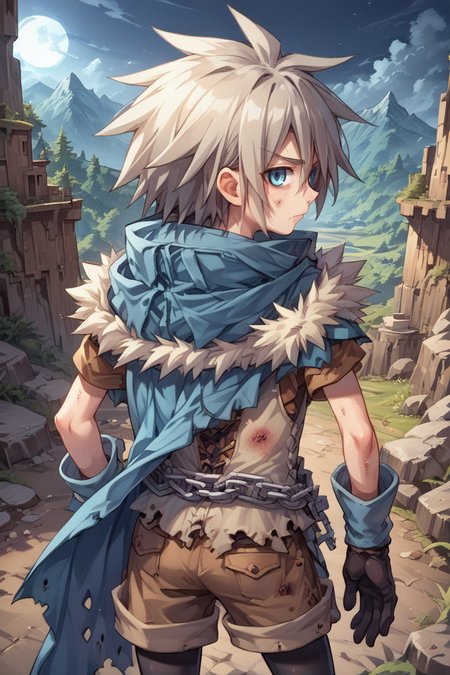 (score_9, score_8_up, score_7_up, score_6_up), source anime, BREAK, solo, <lora:Milanor:0.75> , miladef, 1boy, grey hair, spiked hair, blue eyes, fur trim, blue cloak, white corset, gloves, cowboy shot, black leggings, brown shorts, chain belt,  exterior, outdoors, dark sky, night, canyon, mountains, castle, fortress, standing, closed mouth, injured, hurt, (from behind),  <lora:zy_Detailed_Backgrounds_v1:0.5> , detailed background, highly detailed,   <lora:backgroundsetXL:0.4> , background, looking at viewer,  <lora:cr33pXLP:0.5> , cr33p,