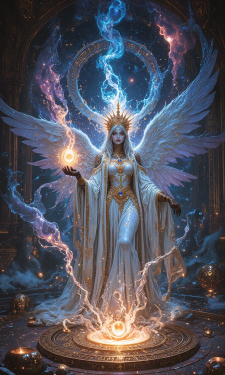 Ethereal djinn empress, celestial beauty, gossamer gown woven from stardust, luminous skin with constellations, eyes like swirling galaxies, flowing hair of cosmic mist, crown of floating gemstones, wielding orb of elemental magic, surrounded by shimmering aura, majestic posture, serene expression, celestial palace backdrop, swirling nebulas, ornate golden jewelry, intricate henna patterns, translucent wings, glowing runes, floating crystals, mystical symbols, 8k resolution, hyperrealistic details, soft ethereal lighting, cinematic composition <lora:sxz-Dark-Fantasy-v2-Flux:0.2> <lora:Improved Amateur Realism:0.3> <lora:FluxMythAn1meL1nes:0.7> <lora:style_of_Norman_Ackroyd_FLUX_100:0.3> <lora:aidmaMJ6.1-FLUX-v0.4:0.8> <lora:flux_dev:1>