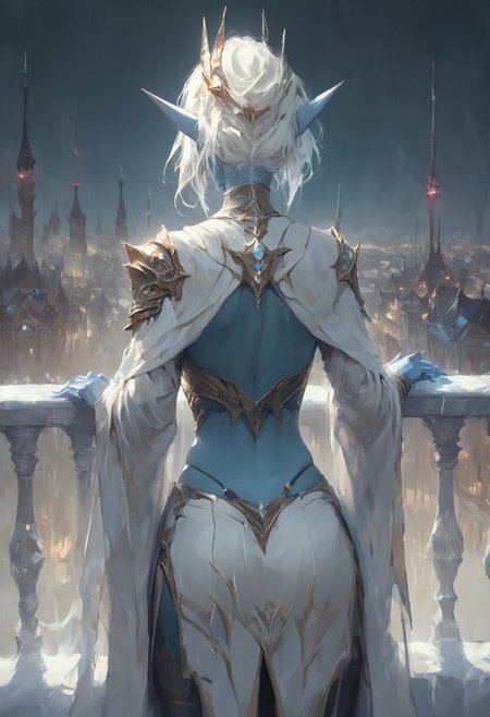 Score_9, Score_8, Score_7, elf, Blue Skin, A snow elf with white hair wearing a thong as she stands on a city balcony overlooking a fantasy city at night, snow elf, facing away from the viewer looking out at the city.