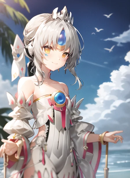 <lora:eve1-000009:1>, esencia1, upper body, smile, outdoors, simple background, sky, day,