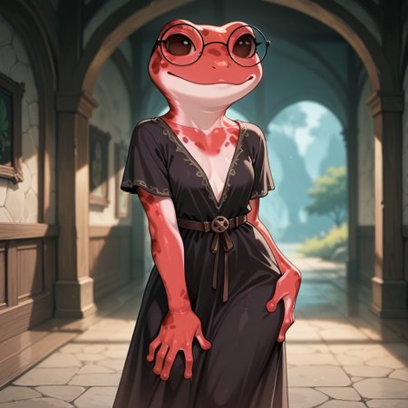 masterpiece, best quality, amazing quality, very aesthetic, solo,
grungrace, anthro frog,
1 girl, female focus, red skin, glasses, black dress, spots, innocent dress,
looking at the viewer, posing, 
blurred background, fantasy background,