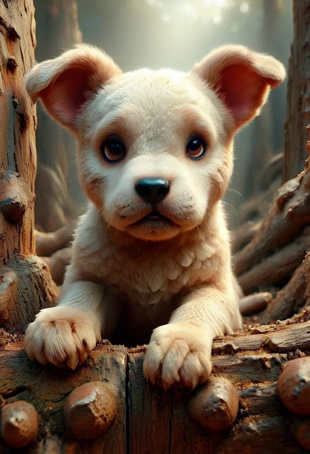 a hole in a wooden fence reveals the face of a surprised puppy, digital painting, dramatic lighting, cinematic frame, ultra-realism