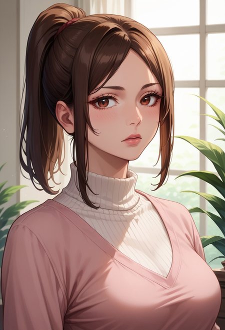 anime artwork, score_9, score_8_up, score_7_up, score_6_up, score_5_up, solo, perfect eyes, detailed eyes, beautiful female, detailed face, dynamics lines, 20 year old, perfect beautiful face, long eyelashes, sharp eyes pupils, (inside the palace:1.3), (upper body:1.5), medium breasts, (front view:1.2), 1 girl, brown eyes, brown hair, short ponytail, high ponytail, side bangs, parted bangs, pink sweater, white turtleneck sweater, looking at viewer,