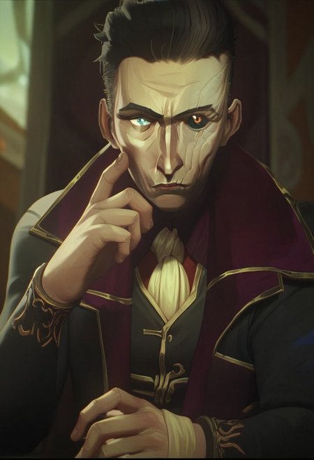 score_9, score_8_up, score_7_up, score_6_up,  
s1lc0 , Silcochembarons, Silco /(league of legends arcane/), solo, looking at viewer, short hair, bangs, blue eyes, shirt, black hair, long sleeves, 1boy, sitting, closed mouth, jacket, yellow eyes, upper body, male focus, hand up, blurry, black jacket, ascot, heterochromia, colored sclera, scar across eye, black sclera ,/(league of legends arcane/),