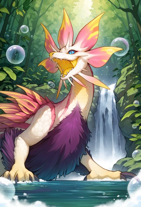 <lora:MH_Mizutsune_a1_7_NoobXL-eps:1>,<lora:EatSleep1111StyleSDXL11:0.7>,<lora:merrytailSDXLstyle:0.3>,eatsleep1111,merrytail,masterpiece,best quality,amazing quality,high quality,very aesthetic,absurdres,newest,shaded,digital media \(artwork\),depth of field,mhmitsu,solo,feral,detailed background,forest,blue eyes,red pupils,slit pupils,dynamic pose,yellow nose,waterfall,partially submerged,bubbles,claws,open smile,soap,low-angle view,half-length portrait,yellow mouth,