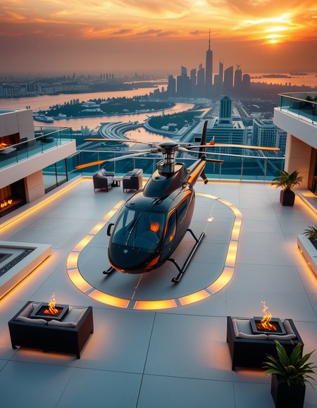 A high-resolution photo of a luxurious rooftop of a five-star hotel at sunset, featuring a sleek helipad with a high-end, matte-black private helicopter elegantly parked. The rooftop is designed with ultra-modern architecture, featuring a spacious terrace with infinity-edge glass railings, ambient lighting, and a panoramic city skyline in the background. The surface of the helipad is clean, polished concrete with clear illuminated markings. Surrounding the helipad, there are lounge areas with modern outdoor furniture, minimalist fire pits, and decorative planters with tropical greenery. The lighting is warm and golden, casting soft shadows and highlighting the contours of the helicopter and the textures of the rooftop. The sky is dramatic, painted with hues of orange, pink, and violet, creating a cinematic atmosphere of luxury and exclusivity. The overall mood is elite, calm, and aspirational, showcasing the ultimate in urban luxury lifestyle.
<lora:SDXLFaeTastic2400:0.4> <lora:extremely_detailed:0.4> extremely detailed, <lora:helipad_r00ft0p:1>,helipad r00ft0p, Masterpiece,best quality,hi res,8k,hi res,8k,award winning,(sharp focus, intricate, highly detailed),