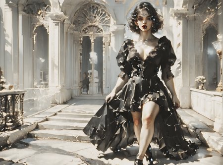 score_9, score_8_up, score_7_up, setting focus, character in foreground, establishing shot, woman, pale skin, huge breasts, <lora:sm0k3XLP:1>, <lora:goth_clothes:1>, goth dress, gothic, black dress, detailed dress, black high heeled shoes, Black hair, white highlights, <lora:art_deco_v4_pony:1>, <lora:Dark_Retro_Scifi_Aesthetic:1>,