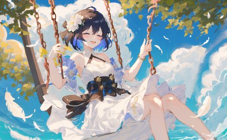 Seele,seele，detailed，masterpiece, best quality，

1girl, solo, smile, bangs,hair ornament, hair flower,,  blue eyes, short hair,, bare shoulders, blue hair, hair between eyes, white flower,   blue flower，black hair，

1girl {on a swing} ，{smile} and half-closed eyes,morning with bright colorful sunlights and clouded sun in the detailed blue sky,glowing white {feathers},small_breasts, floating_hair,halter dress,leaves,nature，{bloom},bishoujo,