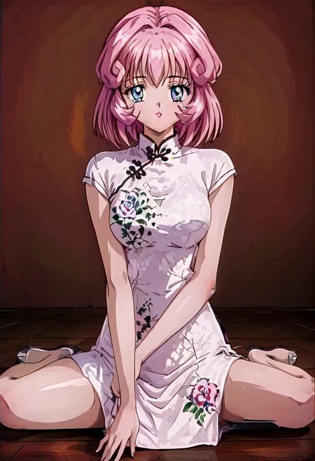 image with excellent quality, very detailed image, 1 girl, alone, blue eyes, detailed pupils, cute face, pink hair, medium hair, bangs, medium breasts, (Chinese dress, shiny clothes, satin clothes, white dress, Chinese clothes, floral print, red AND black print), open legs, wariza, w sitting, on the floor, wooden floor, indoors, living room background, flowers