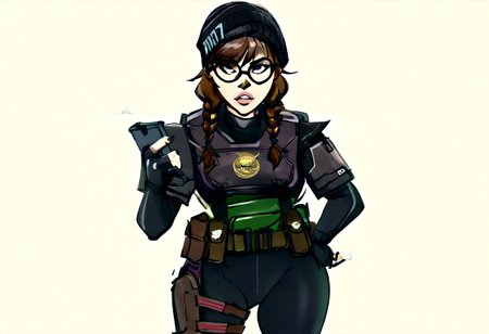 score_9, score_8_up, score_7_up, score_6_up, score_5_up, score_4_up,high details, perfect face,
KaraHitsuPXL,1girl, brown hair, long hair, bangs,black eyes, buck teeth,teeth,parted lips
gloves,hat,black eyes,glasses,black gloves,fingerless gloves,lips,twin braids,black headwear,bodysuit,skin tight,black-framed eyewear,pouch,round eyewear,black bodysuit,beanie,holster,tactical clothes
sketch, photo, desk, light, profv, holding gun,
yoji_shinkawa style, colored sketch, BlackWhiplash Style, 18dart3