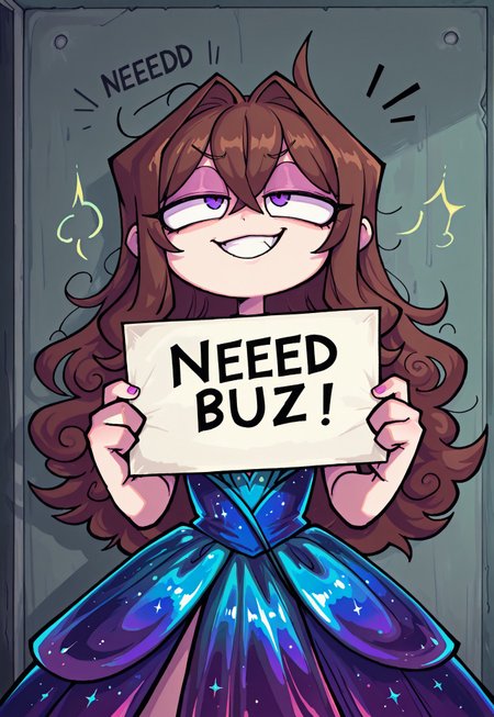 masterpiece, best quality, amazing quality, solo, 1boy, big eyes, wavy hair, sidelocks, hair intakes, crossed bangs, (fluffy hair), voluminous hair, wavy centerparted, wavy bangs, long brown hair, purple eyes, ((long hair)), sanpaku, sanpaku eyes, (artist: asanagi:0.6), smug grin, (((male))), short body,  iridescent royal dress, dominant, trap, androgynous, BoyfriendFNF, valbun, loggusdoggus, buzz, (need_buzz, holding sign, holding sign ), sign with text "need buzz for unholy things",
