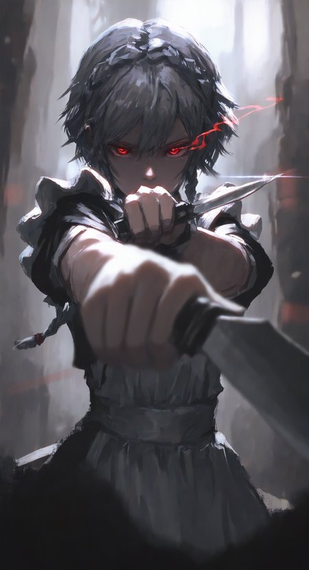 masterpiece, best quality, good quality, very aesthetic, absurdres, newest,1girl, blurry, braid, depth of field, dual wielding, eye trail, foreshortening, grey hair, holding, knife, light trail, maid, red eyes, reverse grip, short hair, solo, twin braids, upper body, Cinematic Lighting <lora:spo_sdxl_10ep_4k-data_lora_webui:0.6> <lora:ponyv5_noobV065S_1_adamW-000013:0.7> <lora:USNR_STYLE_XL_lokr:0.45> <lora:EtherSDXL:0.15> <lora:shiej007:0.75>