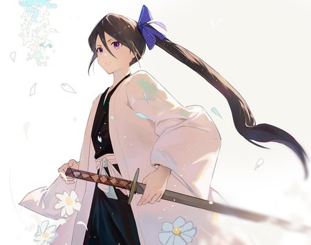 ((masterpiece, best quality, high resolution)) 1girl, solo, (looking at viewer, cowboy shot, standing:1), expresión neutral, full body, defined body and face, perfect lighting, solo, kimono, black kimono, haori, white haori, dutch angle 