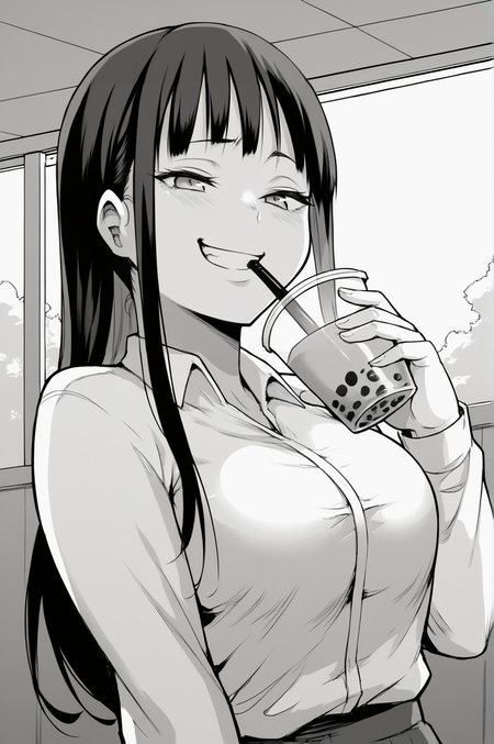 score_9, score_8_up, score_7_up, monochrome, manga_source, best background, detailed background, manga, grayscale   Hina, Main Outfit, grin, naughty face, horny, cowboy shot, drinking, bubble tea, solo, dynamic camera, dynamic angle, <lora:JN_Hina:0.8>