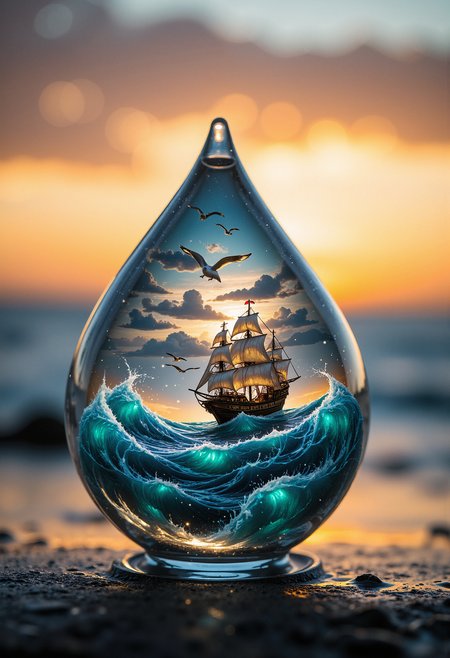 A hyper-realistic close-up of a translucent glass teardrop suspended in mid-air, with a miniature ocean scene inside it. The ocean features tiny, detailed waves and a small ship sailing through the middle. Above the ship, miniature seagulls are frozen in flight, with delicate details of their feathers visible. The glass teardrop refracts light, creating rainbow-like reflections on the surrounding space. The background is a blurred, soft gradient of warm sunset colors, enhancing the surreal and dreamlike atmosphere of the scene. The lighting is soft and warm, highlighting the clarity and purity of the glass while emphasizing the intricate details of the miniature ocean scene within.    <lora:flux_vividizer:0.8>   <lora:aidmaImageUpgrader-FLUX-V0.1:0.33> detailmaximizer, <lora:Sinfully_Stylish_.02_for_FLUX-000002:0.6>
