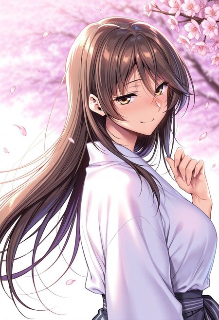 general,highres, ultra-detailed,very aesthetic,best quality ,best hands,masterpiece, best quality, newest, highres, score_9, score_8_up, score_7_up, source_anime, rating_explicit,1girl, yokota mamoru style,motion lines,Very straight nose，slim,slender face,perfect nose,torogao,seductive smile,looking at the viewer
Ichinose Honami,Brown hair, hair Parted to Side, Sidehair, Spiky Bangs, Waist Length hair,long hair,amber eyes,slim
 1girl, solo, long hair, cherry blossoms, petals, blurry, depth of field, from behind, wind, black hair, blurry background, brown hair, upper body, outdoors, smile