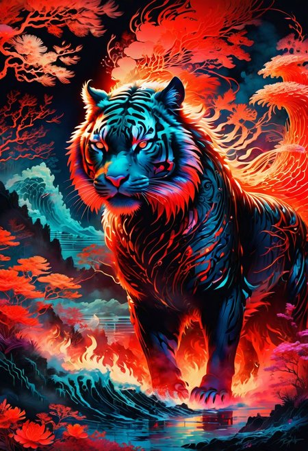 1tiger,Detailed complex chaotic seascape red burning light mysterious silhouette of phoenix,fung-hwang,UV-reactive, red light art concept by Waterhouse, Carne Griffiths, Minjae Lee, Ana Paula Hoppe, Stylized florescent art, Intricate, Complex contrast, HDR,OverallDetail, mineral color painting