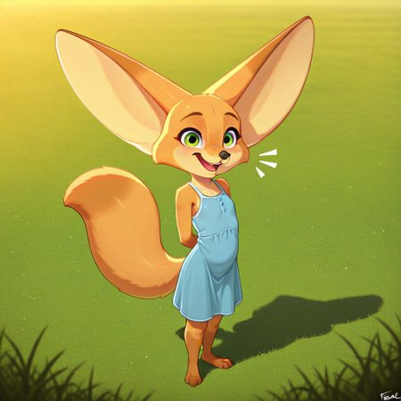 Abby(C), solo, 1girl, anthro, female furry, fox, foxgirl, Fennec fox, tan fur, fox tail, large ears, green eyes, shortstack, full body, looking at viewer, flat chested, standing, blue dress, sleeveless, smiling, excited look, grass field background, sunny, hands behind back,