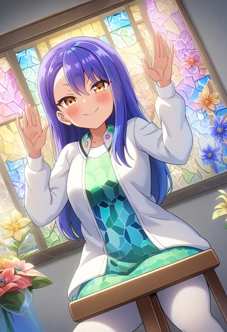 8k, score_9, score_8_up, score_7_up,
masterpiece,Anime style,ultra detailed, vibrant colors,
<lora:novuschroma54 style:0.9> novuschroma54 style,
1girl, Nagatoro_Hayase, playful_pose, medium_angle, Nagatoro sitting_on_a_rustic_stool_surrounded_by_glass_flowers, soft_smile, glass_petal_reflections, folk_art_patterns_in_background, vibrant_stained_glass_effect, sunlight_passing_through_glass