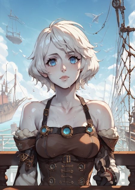 <lora:NAHIRI:1> nahiri, 1girl, solo, short hair, breasts, bare shoulders, white hair, colored skin <lora:RD-MAnon-XLV1.1:1>, fantasy,  steampunk,  cold weather, warm clothes, laying against ship railing, sky, wool lining, white skin, blue eyes,, source_anime, score_9_up,  score_7_up, score_8_up