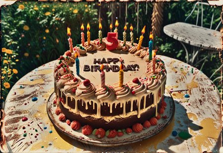 35mm Vintage photo of an ais-bday cake, (text 'Happy Birthday') on a table with ice cream, on back terrace in the bright midday sunlight