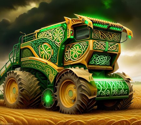<lora:CulturePunkAI_2:.9>CeltPunkAI   combine harvester  Highly detailed, amazing, Impressive lighting, vibrant colors, Ultra Realistic, High quality, Highly detailed, trending on artstation