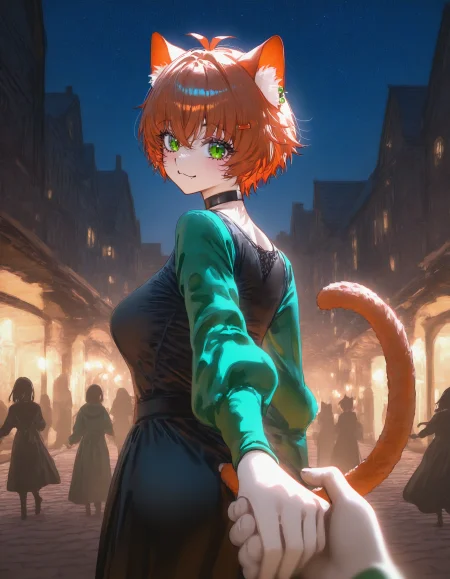 1girl, aoi nagisa \(metalder\), ningen mame, (nixeu:0.8), (yoneyama mai:0.8), from behind, holding hands, pov hands, medieval, european architecture, street, outdoors, night, dark, dim lighting, starry sky, short hair, orange hair, green eyes, ahoge, hairclip, earrings, medium breasts, cat ears, cat tail, orange tail,black dress, green sleeves, casual, black choker, looking at viewer, looking back, light blush, narrowed eyes, :3, fang, masterpiece, best quality, newest, absurdres, highres, very awa,<lora:illustrious/character/ARankParty(Aparida)_NeneShifindle_IlluXL.safetensors:1.0>,