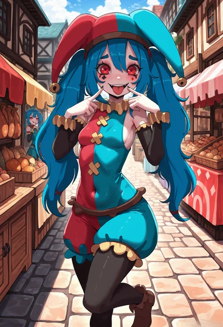 jester, permanent makeup, black sleeves, detached sleeves, pantyhose,pippipanini, red eyes, blue hair, long hair, twintail, small breasts,