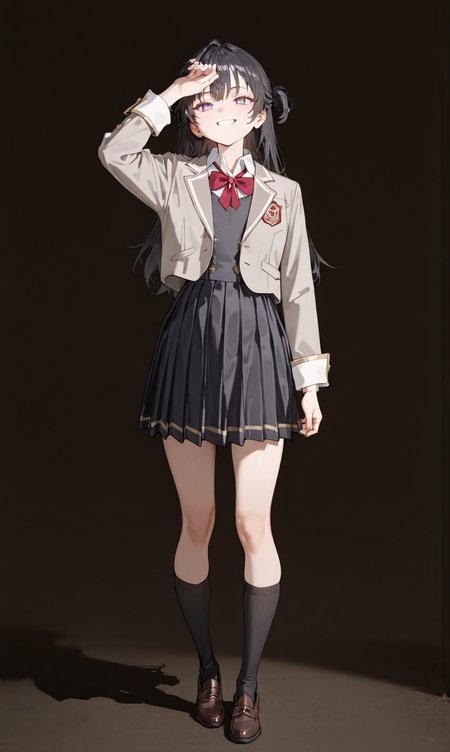 perfect quality,high quality,masterpiece,best quality,amazing quality,very aesthetic,absurdres,Cinematic Lighting,newest,Tactical use of shadow,
front view,full_shot,Raised cheeks with closed eyes (smiling with joy),
YukiSuou Cyql,1girl,solo,long hair,bangs,black hair,purple eyes,school uniform,jacket,grey jacket,bowtie,red bow,long sleeves,pleated dress,pleated skirt,skirt,kneehighs,black socks,loafers,brown footwear,
full body,standing,hand on own forehead,
chocolate background,simple background,
<lora:YukiSuou_Illustrious by Cyql:0.9>,<lora:spo_sdxl_10ep_4k-data_lora_webui:0.5>,<lora:EtherSDXL:0.6>,EtherStyle,<lora:illustrious_quality_modifiers_masterpieces_v1:0.7>,