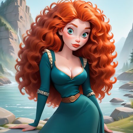 score_9,score_8_up,score_7_up,score_6_up,score_5_up, score_4_up, 1girl, MandyDY, MeridaXLP, brown eyes, long wavy curly orange hair, merida disney reference, (((perfect clear eyes))), freckles, green dress, long sleeves, long skirt, big perky breasts, cleavage, wavy hair, posing seductively on a rock, looking at viewer, (((scottish landscape))), outdoors, <lora:Dean Yeagle StylePonyLyco:1> dystlye