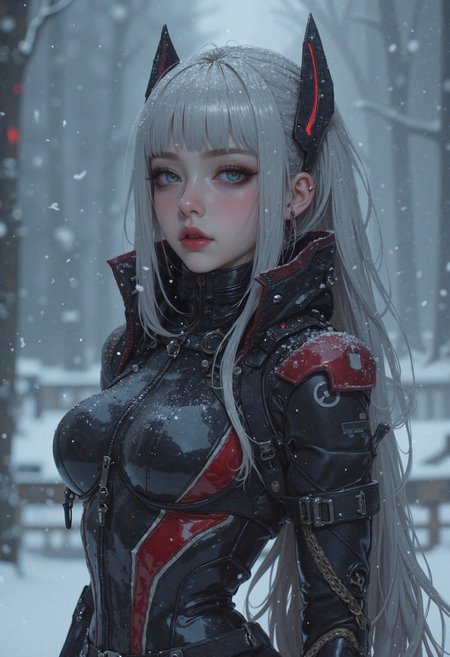 hyper-realisitic, hyper-detailed, detailed foreground,  RAW photo, detailed clothing, detailed lighting, curvy figure,  ice-themed sci-fi character with long silver hair and red eyeliner, dressed in a form-fitting futuristic outfit with black and red tech details, standing in snowfall with an intense gaze, photorealistic anime cyber aesthetic, cold muted tones with soft light diffusion  <lora:Flux__Semi-realistic_art_style-000004:0.3500000000000001> <lora:MoriiMee_Gothic_Niji_Style_FLUX:0.6500000000000001>