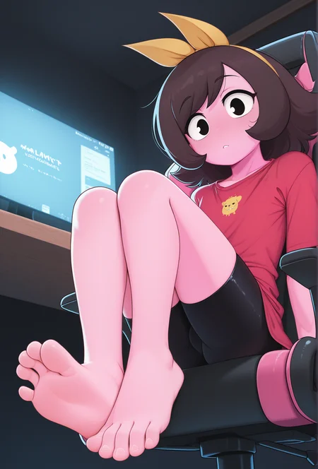 masterpiece,best quality,amazing quality, <lora:marigold_cabronpr_illustrious_v1f:0.65> marigold, 1girl, solo, hairbow, no nose, black eyes, looking at viewer, pink skin BREAK
red shirt, bike shorts, sitting, gaming chair, knees up, barefoot, feet, foot focus, toes, soles, indoors, computer, low angle, dark, low lighting, dim lighting, backlighting, monitor <lora:casinoep_style_illustrious_v1f:0.8> cepstyle, <lora:softhanten_style_illustrious_v1f:0.3> shstyle