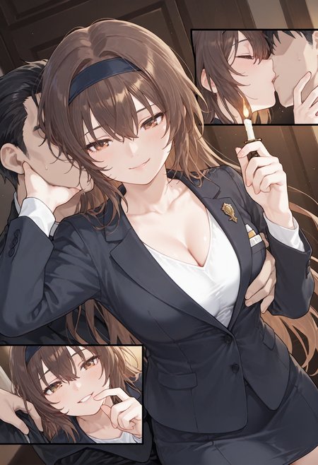 woman, drunk, smirk, mohawk, pastel gradient hair, headband, floating hair, kissing hair, pale skin, badge, groping, teaching, skirt suit, v-neck,boutonniere, 5koma, upper body, warm grey subject and yellow brown highlights, (soft ambient light:1.2), flickering candle, cozy space, book focus, quiet corner, warm glow, ambient occlusion, masterpiece, best quality, highres, newest, year 2024, absurdres