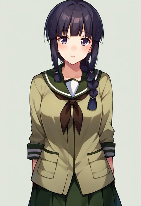 score_9, score_8, score_7, source_anime, kitakami (kancolle), 1girl, single braid, solo, looking at viewer, school uniform, hair over shoulder, blush, skirt
