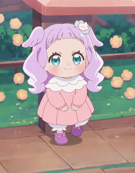 score_9, score_8_up, score_7_up, anime screencap, solo,1girl,ellee-chan,  smile, dress,pink dress, looking at viewer, :d, hair ornament, shoes, long sleeves, purple footwear,<lora:ellee-chan:0.8>