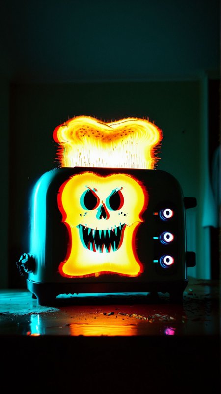 A haunted toaster terrorizes a family by making sinister toast messages that predict their doom. 
(dark shot:1.2)
(optical effect, glitch art, glowing, layered effects:1.2)
 <lora:xray:2>