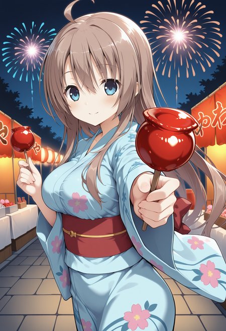 1girl, aatsumugi, long hair, brown hair, ahoge, blue eyes, breasts, <lora:shiiba_tsumugi_ilxl_v1:0.9>, night, summer festival, outdoors, yukata, floral print, smile, fireworks, holding candy, candy apple, dual wielding, reaching, solo,