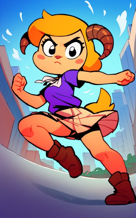score_9, score_8_up, score_7_up,((best quality)), absurdres, ((full body)), <lora:BolivanteStyle:0.8>,  <lora:CCAWGPXL:0.8>,skirt, blonde hair, shirt, tail,short sleeves, horns, black eyes, blush stickers,furry female, purple shirt,  closed mouth,brown footwear,brown horns,action pose,outside, city,sheep horns,looking at viewer