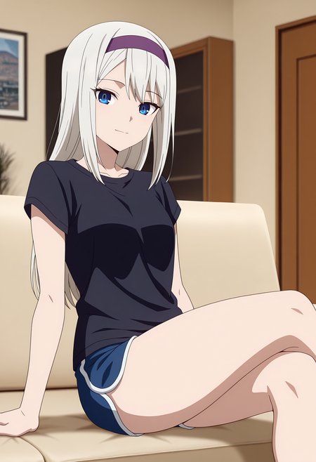 anime screencap, masterpiece, best quality,
<lora:Kaguya-samaWaKokurasetai_ShiroganeKei_IlluXL:0.9>,
1girl, solo, closed mouth, light smile,
long hair, grey hair, blue eyes, purple hairband,
t-shirt, black shirt, short sleeves, dolphin shorts, blue shorts,
sitting, on couch, crossed legs, looking at viewer, cowboy shot,
indoors, living room, photo background, blurry background