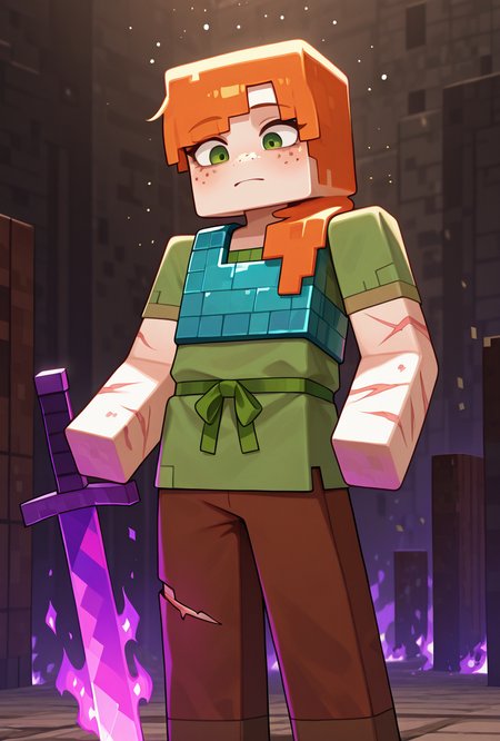 <lora:alexmc-05:1> alexmc, orange hair, 1girl, solo, green eyes, long green shirt, brown pants, short sleeves, freckles, square arms, square body, green waist ribbon,  minecraft end, minecraft end dimension, long tall black pillars in the background, fighting black dragon, purple fire, purple sword, blue chest plate armor,  scars, injury,, masterpiece, best quality, amazing quality, very aesthetic, absurdres, newest,