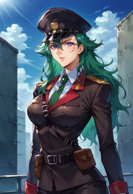 Score_9_up, score_8_up, score_7_up, source_anime, BREAK 1girl, solo, natzabi, long hair, green hair, hair between eyes, Glasses, purple eyes, breasts, hourglass figure, military uniform, tie, military cap, pants, Belt,