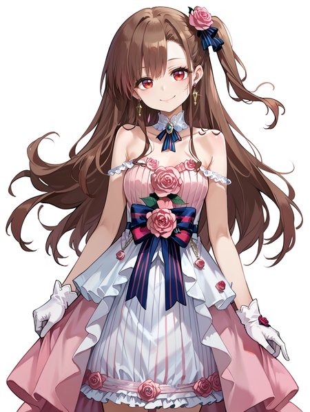 score_9, score_8_up, score_7_up,source_anime, <lora:D.I.S.H:0.8>,
1girl, shimamura uzuki, solo, long hair, flower, dress, one side up, smile, gloves, hair flower, hair ornament, brown hair, looking at viewer, rose, white gloves, white background, simple background, bow, earrings, hair bow, bare shoulders, pink flower, jewelry, cowboy shot, ribbon, striped bow, closed mouth, red eyes, pink rose