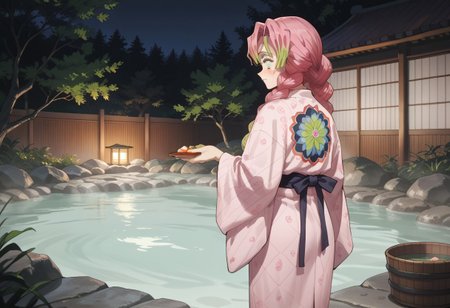 abbystea style, score_9, score_8_up, score_7_up, score_6_up, 1woman, full body, (disrobing kimono:1.1), ((Kanroji Mitsuri)), pink hair fading to green, braids, green eyes, solo, standing, sideboob, sly expression, view from behind, looking at viewer, outside onsen, high res, masterpiece, dutch angle, blush. hot spring, perfect hands, night, fireflies, dedtailed face, green eyes, m1tsur1kanr0j1, pink hair, braid, long hair, green eyes, mole under eye,