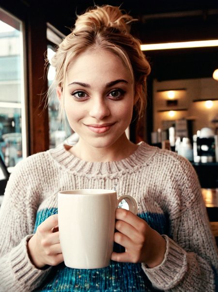 analog photograph of 1girl looking like Kristen_Sims_P_MXAI_SDXL , wearing a cozy knitted sweater, sitting in a café, holding a steaming mug with both hands, happy expression,  filmgrain