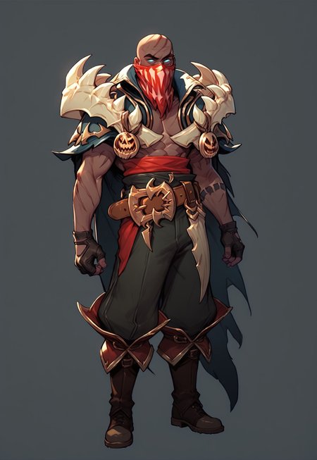 score_9, score_8_up, score_7_up, score_9, 1boy, Pyke, dark skin, tatto, blue eyes, bald, scars, red mask with printed teeth, fingerless gloves, cape, bone shoulder pads, belt, pants, boots, holding halloween pumpkin in her hands, dark background