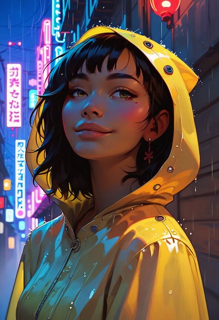 score_9, score_8_up, score_7_up, score_6_up, score_5_up, score_4_up, sexy asian girl , cute smile , hooded raincoat ,  aesthetic , side portrait , half body portrait , tokyo street , street lights , neon lights , raining , light signs