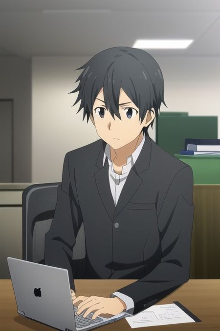 high resolution, professional photography, best quality, 1Boy, Kazuto Kirigaya, Black Hair, Black Eyes, worker, working, office space, office desk, concentration, focus, laptop,